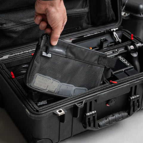 Person placing Small Black Electronics And Camera Accessories Bag With TPU Water Resistant Layer in case with cameras.