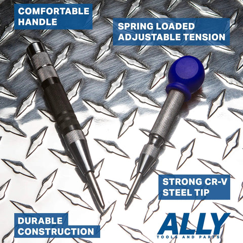 Straight Up Badass Heavy Duty Automatic Center Punch Kit With Six And Five Inch Options Featuring Adjustable Spring Tension For Marking Metal Wood Glass And Plastic Plus Chrome Body on a metal surface.