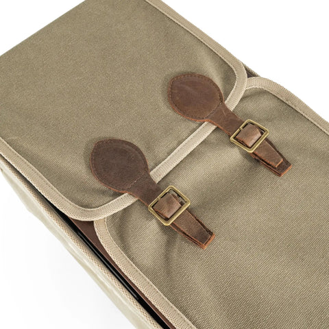 Sundowner Portable Travel Bar Kit with Handcrafted Wooden Case. Cotton canvas outer with leather straps, detail view.