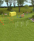 Dogs in an outdoor agility course with a Wooden Dog Agility Seesaw For Training And Exercise, Outdoor Ready Platform Run Toy.