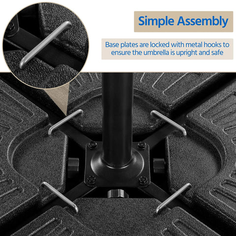 Heavy Duty Four Piece 13 Liter Water And Sand Filled Cantilever Offset Outdoor Umbrella Base Stand For Patio With Weather Resistant HDPE Construction In Black, showing metal hooks for stability.