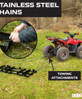 Drag Harrow Driveway Grader Attachment, 4 Ft Heavy Gauge Welded Steel, Powder Coated Black, Pull Behind Tractor Or ATV UTV Mower Attachments, showing chain connection and towing with ATV.
