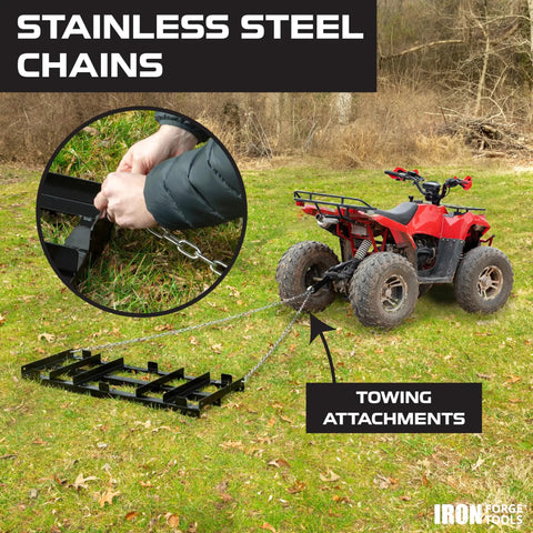 Drag Harrow Driveway Grader Attachment, 4 Ft Heavy Gauge Welded Steel, Powder Coated Black, Pull Behind Tractor Or ATV UTV Mower Attachments, showing chain connection and towing with ATV.