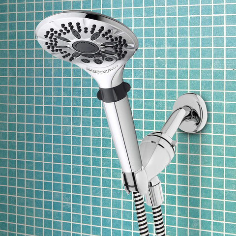 Five Spray Modes Handheld Shower Head With Five Foot Hose Chrome Finish Easy DIY Install Adjustable Bracket Quick Switch On The Fly For Spa Like Clean against tile wall