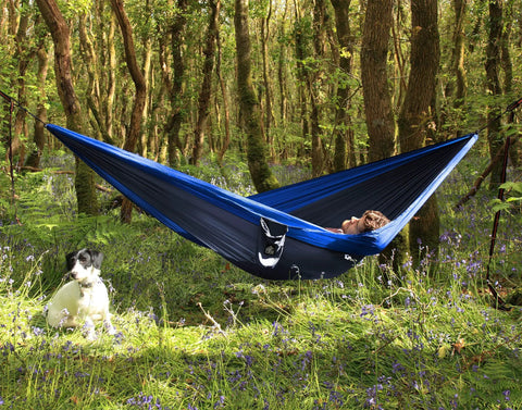 Two Person Double Camping Hammock With Lightweight Parachute Nylon 210T Includes Tree Straps And Carabiners in forest setting