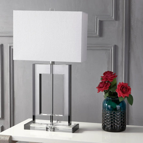 Clear And Black Crystal Table Lamp With Modern Geometric Glam Glass And White Linen Drum Shade 26 Inch Tall LED Bulb Included
