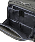 Open interior of Underseat Spinner Tote With USB Port For Easy Travel 16 Inch Carry On Luggage in Vintage Grey, showing compartments.