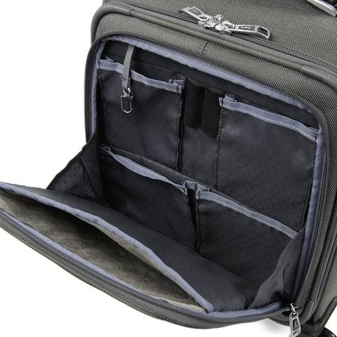 Open interior of Underseat Spinner Tote With USB Port For Easy Travel 16 Inch Carry On Luggage in Vintage Grey, showing compartments.