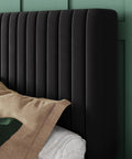 Queen Size Bed Frame With Plush Velvet Upholstery And Channel Tufted Headboard showcasing sleek black headboard detail.