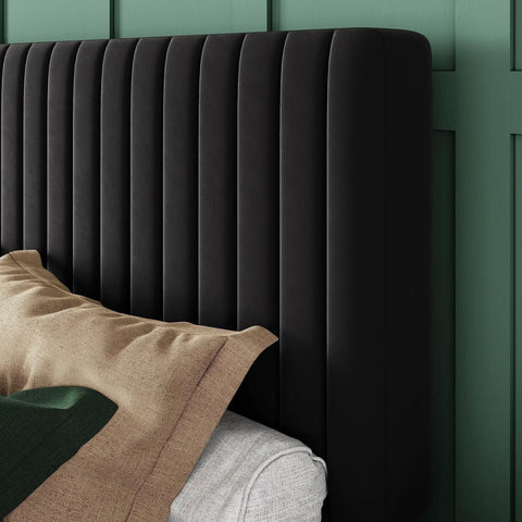 Queen Size Bed Frame With Plush Velvet Upholstery And Channel Tufted Headboard showcasing sleek black headboard detail.