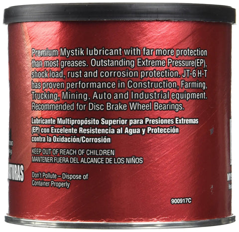 Back view of Mystik Jet Two High Temperature Bearing Grease jar showing detailed product information and usage