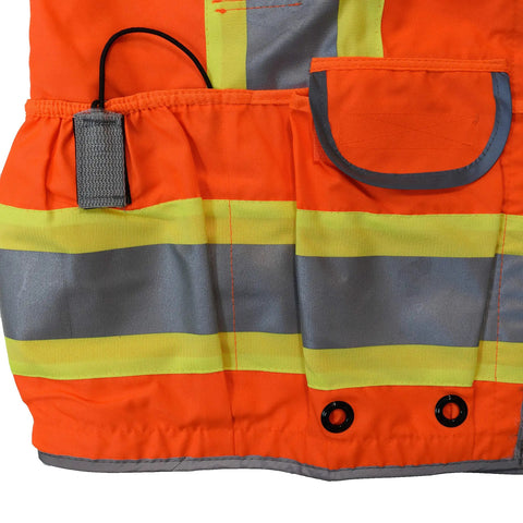 Close-up of cargo pockets on Heavy Duty Hi Vis Safety Vest For Field Pros Class 2 ANSI 107-2020 Two Tone Orange