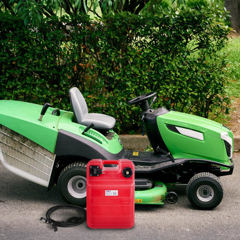 Portable 6 Gallon Boat Fuel Tank Kit For Outboard Engines With Easy Fill Hose Durable Plastic Marine Gas Tank For Pontoon And Small Boats Spill Proof Design Safe And Ready To Go on ground near green lawnmower.