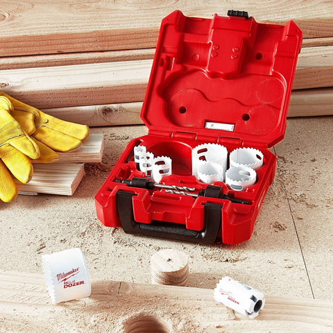 Milwaukee 13-piece Hole Dozer general purpose hole saw kit in red case with white hole saws.