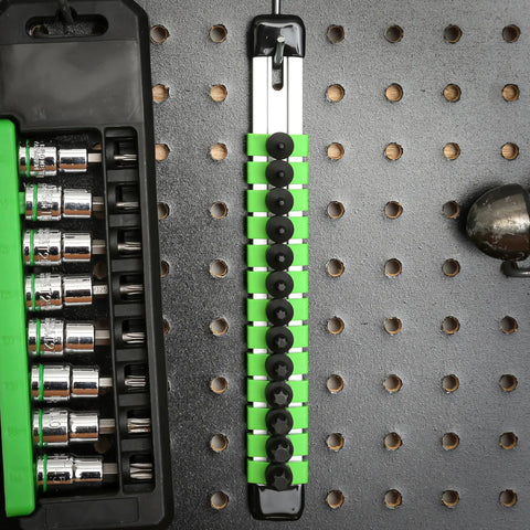 Stubby Torx Bit Socket Set 13 Piece With One Quarter Inch Drive Includes T7 Through T50 For Tight Spaces on pegboard