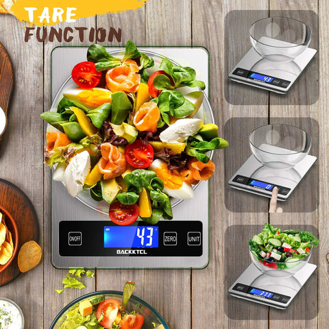 Digital Kitchen Scale 22Lb Capacity for food weighing with large LCD, stainless steel, tempered glass, weighing salads.