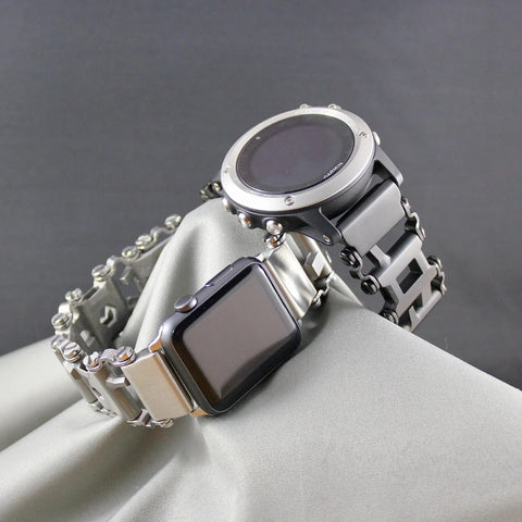 Stainless Steel Watch Adapter For Leatherman Bracelet Silver Tread Compatible With Apple Watch Ultra 46mm on fabric