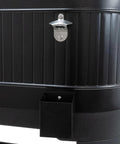 Close-up of a black 120-Qt Rolling Ice Chest Cooler Cart with Wheels and Drink Dividers, featuring an integrated bottle opener.