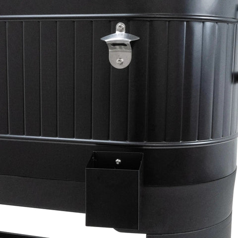 Close-up of a black 120-Qt Rolling Ice Chest Cooler Cart with Wheels and Drink Dividers, featuring an integrated bottle opener.
