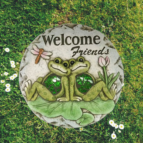 Frog Garden Stepping Stone With Welcome Friends Message, 1.2 Inch Low Profile Concrete Plaque, Artisan Crafted Walkway Accent