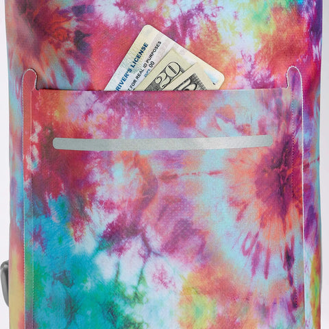 Splash-proof pocket on DrySak Roll Top Waterproof Bag 5L Tie Dye for Travel and Outdoors with cash and license visible