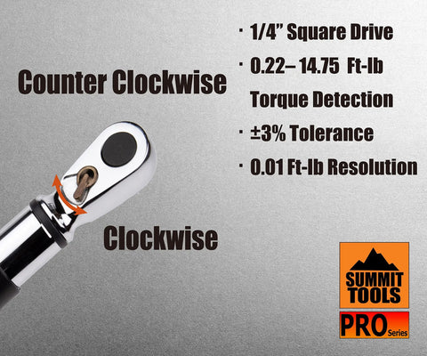 Bit-Head Digital Torque Wrench With Quarter Inch Drive, Peak Torque Readout, Compact Tool Showing Direction and Features