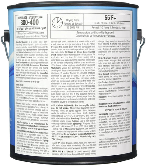 Back label of MasterClear Supreme Protective Clear Matte Coat 1 Gal showing application instructions and drying times.