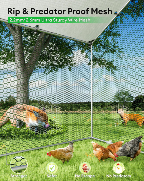Interior view of Beefy Metal Chicken Coop For 9 To 13 Hens Outdoor Run With Heavy Duty Frame, showcasing predator proof wire mesh.
