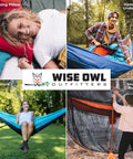 Collage of Wise Owl Outfitters products: woman with camping pillow, person using hammock underquilt, woman in hammock, person setting up SnugNet bug net.