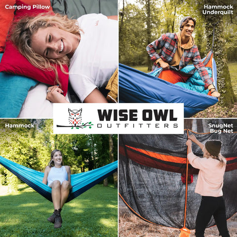 Collage of Wise Owl Outfitters products: woman with camping pillow, person using hammock underquilt, woman in hammock, person setting up SnugNet bug net.