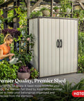 Tall Resin Outdoor Storage Shed For Backyards, Weatherproof 62 Cu Ft Capacity With Shelving Brackets, shown in garden