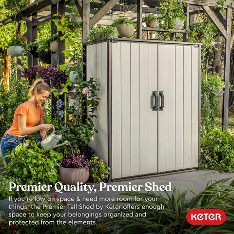 Tall Resin Outdoor Storage Shed For Backyards, Weatherproof 62 Cu Ft Capacity With Shelving Brackets, shown in garden
