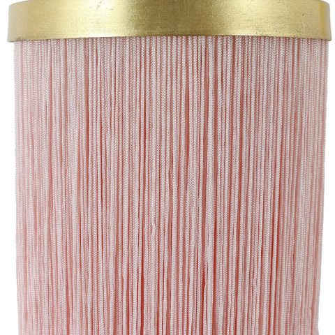 Close-up of pink tassel fringe on Framboise Fringe Shade Table Lamp With Gold Leaf Finish, Steel Traditional Style Accent Light.