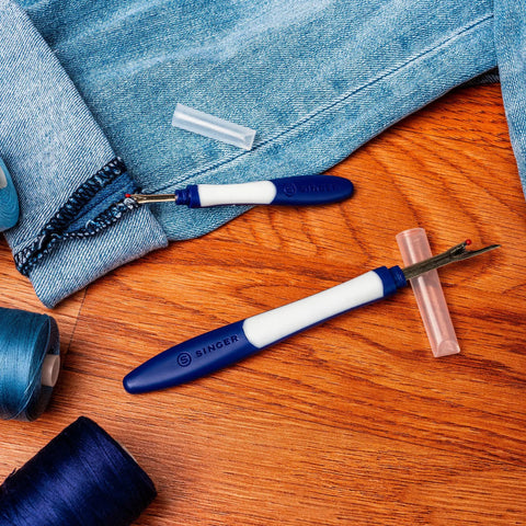Blue And White Comfort Grip Seam Ripper Set Two Piece Sewing Tool Kit For Removing Stitches Opening Buttonholes And Fabric Repairs.