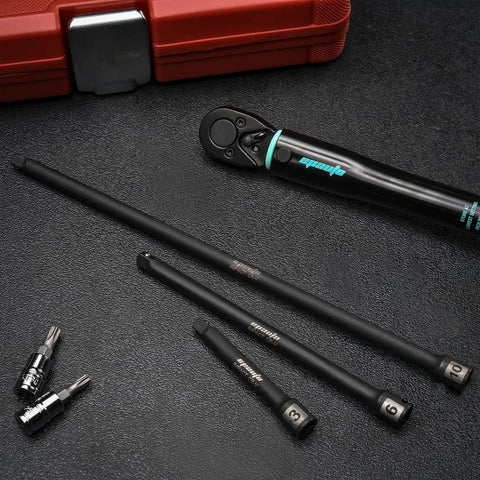 Impact Extension Bar Set For One Quarter Inch Drive Three Piece With Three Inch Six Inch And Ten Inch Bars Hardened Chrome Vanadium Steel Black Phosphate Coating Locks Onto Drive Tang Made In Taiwan, shown with three bars and wrench on a black surface.