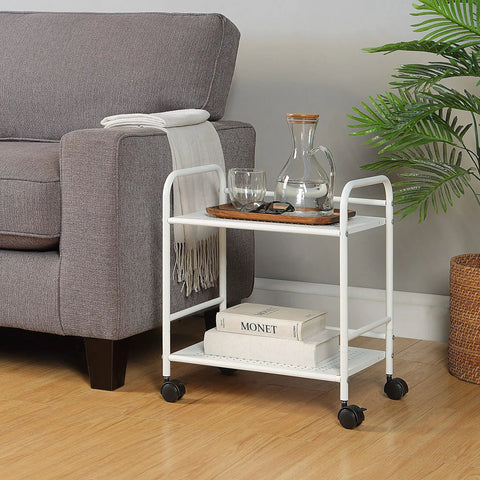 Sturdy White Two Tier Metal Rolling Utility Cart With Smooth Swivel Casters And Reinforced Steel Trays For Tight Quarters And Busy Desks That Truly Acts As A Legit Footprint Saver For Every Home Office Layout