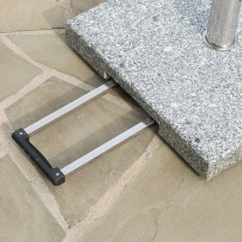 Close-up of Mojave Outdoor Granite And Stainless Steel Umbrella Base Natural Grey Built To Last Heavy Duty showing handle.