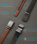 Men's Leather Ratchet Belt 2 Pack With Custom Fit Up To 1.5 Inches, showing easy-click buckle and adjustability features on display.