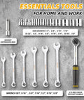 Wrench set, SAE sockets, and ratchet from a 229 Piece Household Tool Set With 14 Inch Storage Bag Complete Home Repair Kit For Maintenance
