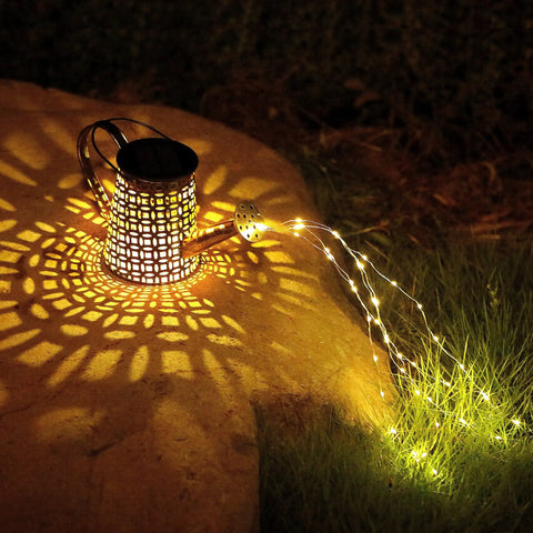 Solar Watering Can Garden Decor With Outdoor Lights Waterproof Hanging Lantern with 50 LED fairy lights on rock