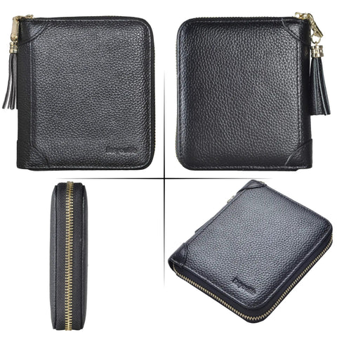 Women's Credit Card Holder Wallet Zip Leather Card Case RFID Blocking with 40 Card Slots and 2 ID Windows in black cowhide leather.