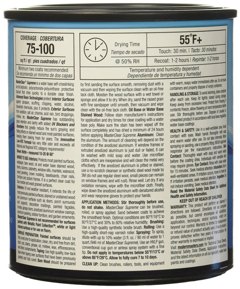 Back label view of MasterClear Supreme Protective Matte Clear Coat For Surfaces Dope Matte Finish Non Yellowing 1 Quart can