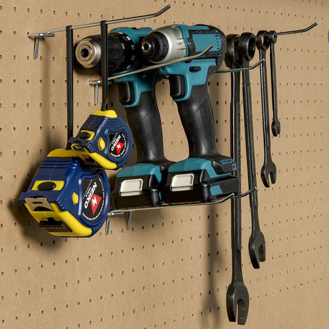 Eight Inch Pegboard Hook Organizer Kit With Fifty Hanging Hooks For Garage And Workshop Storage Durable One Eighth Inch Hooks Fit All One Quarter Inch Peg Boards With One Inch Spacing Ideal For Tools Cords Cleaning Supplies And Craft Gear holding drills and tape measures