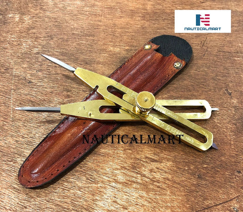 Artist Proportional Divider Brass 9 Inch Drawing Tool With Leather Case displayed on wooden surface