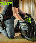 Worker using Rugged Extreme Tool Backpack Built For The Jobsite With Water Resistant Molded Base Pro Grade Durable Polyester Construction
