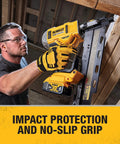 Person using a nail gun wearing Rugged Mechanic Work Gloves With TPR Impact Protection And Anti Slip Grip, Size X Large.