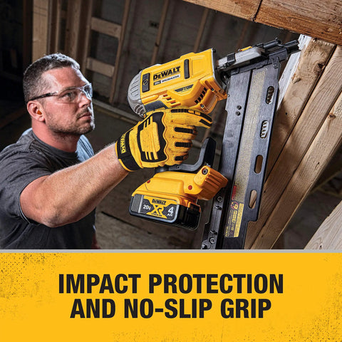 Person using a nail gun wearing Rugged Mechanic Work Gloves With TPR Impact Protection And Anti Slip Grip, Size X Large.