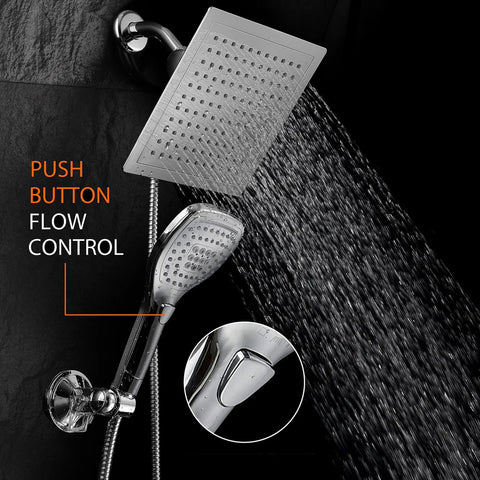 9 Inch Rainfall Shower Head And Handheld Combo With Push Button Flow Control For One Handed Operation, Premium Chrome Finish