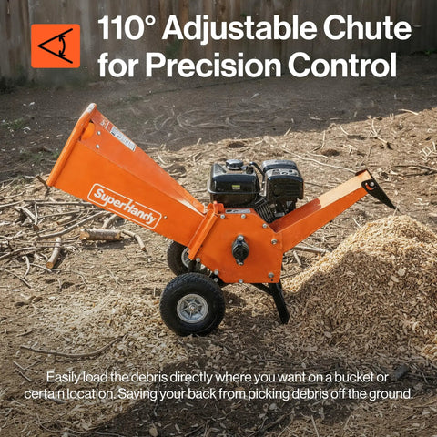 4-Inch Wood Chipper Shredder Mulcher with 9HP gas engine and adjustable chute in yard setting.