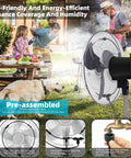 Outdoor Misting System for Patio and Garden Beat the Heat With 50 Ft Cooling Mist Kit Water Filter 1/4 Inch Tubing All Weather Setup Ideal for Patio Greenhouse Pool BBQ and Irrigation, showcasing pre-assembled fan misting setup.